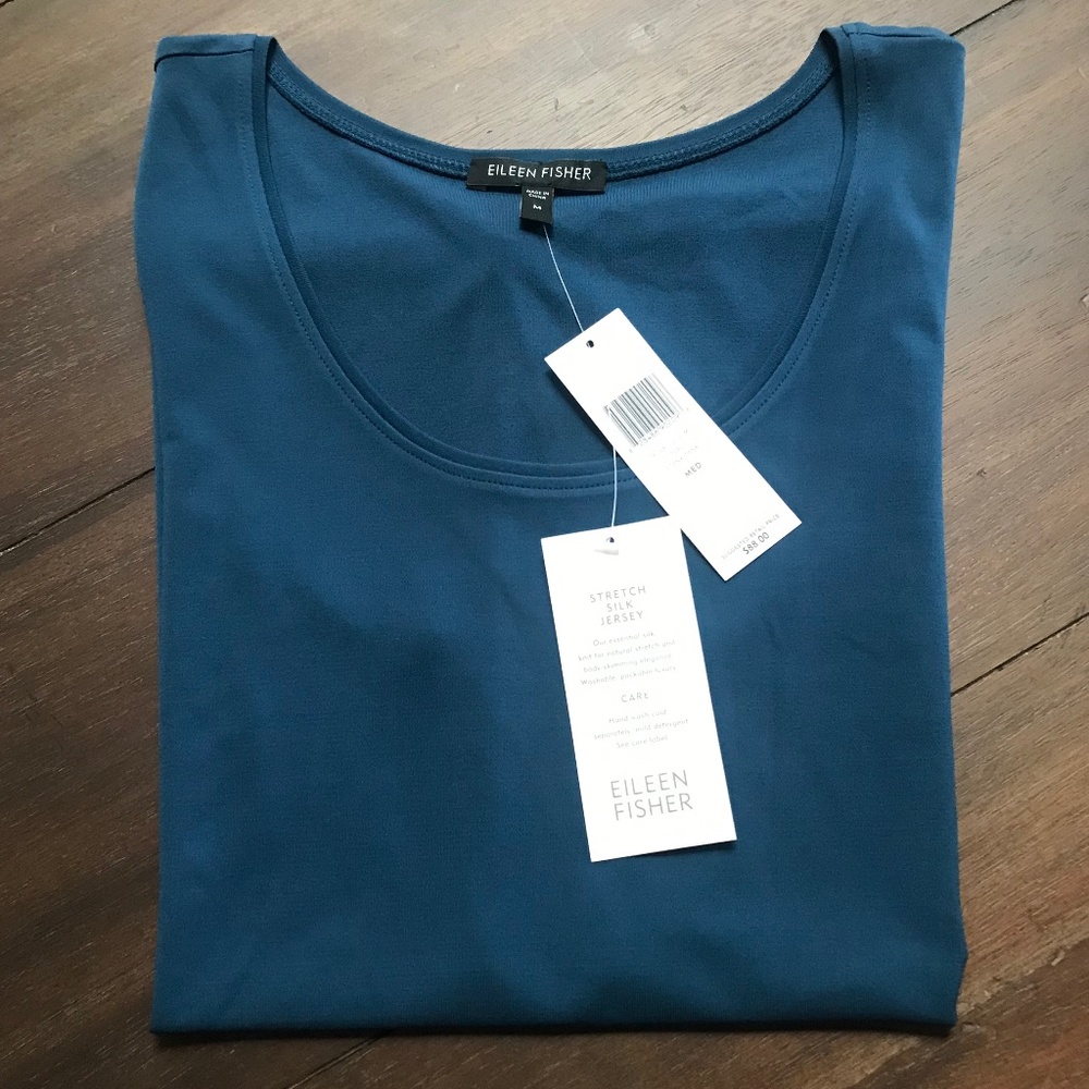 EILEEN FISHER TEAL STRETCH SILK JERSEY TANK, SIZE MEDIUM